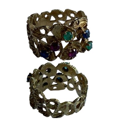 A vintage high ct gold band inset with Sapphires, Emeralds and Rubies. Size J, 4.2g.