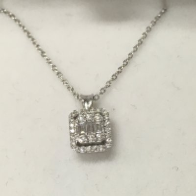 A 14ct white gold diamond square solitaire necklace.