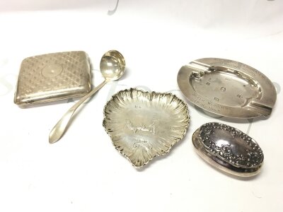 Five silver hallmarked items including small dishes, cigarette box etc