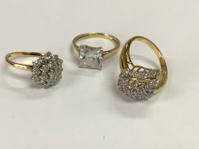 2 9ct gold stone set rings, 1 14ct gold stone set ring.