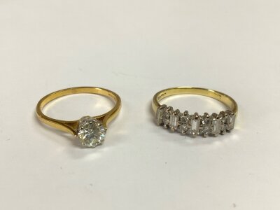 An 18ct yellow gold solitaire diamond ring approx 0.50ct diamond L.5, together with an 18ct gold and diamond cluster ring, Size L.