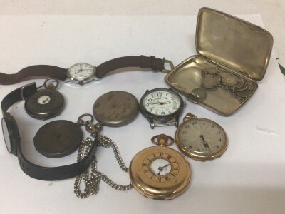 Two gold plated pocket watches silver watches a silver cigarette case and coin bracelet.