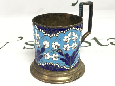 A Russian 925 silver gilt and cloisonné enamel tea glass holder, Podstakannik signed. 10cm tall