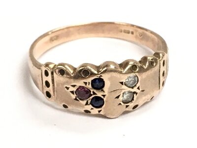 A 9ct gold vintage ring set with diamond sapphire ruby stones, 3.4g total weight. Size P.