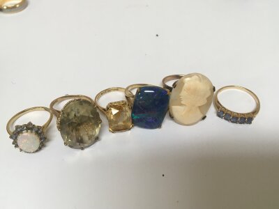 A Collection of 9carat gold rings set with coloured stones and cameo (6) total weight 28g