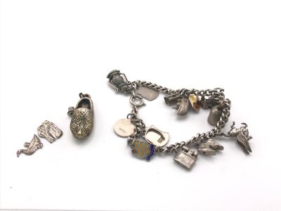 A silver charm bracelet with assorted charms
36g