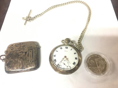 A silver vesta case, continental (800) watch a silver 5 dollar moon coin cook islands