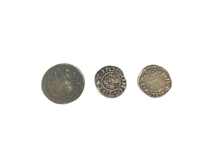 A Henry III long penny silver and King John long penny and 1719 half penny.