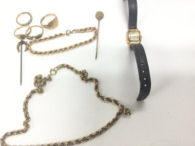 A collection of 9ct gold jewellery 28.45g  and an 18ct gold cased watch 10.84g