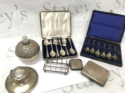 A Collection of hallmarked silver items including cutlery, inkwell, Vesta case , cigarette case etc