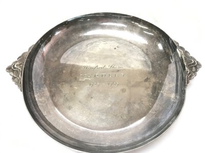 A hallmarked silver two handled dish, J Dixon and Sons, 24cm wide. 455g total weight