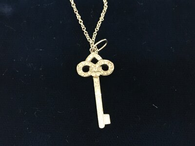 Tiffany fleur de lis key in platinum with chain comes with Tiffany packaging and Harrods receipt