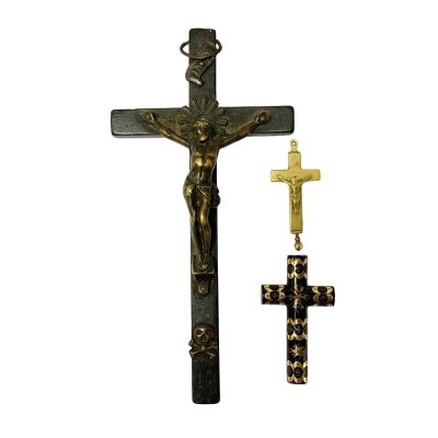 3 antique pendants, to include. Wooden crucifix 14cm, Small  cross with gold and silver inlaid pique work decoration, 4.8cm (no top loop), small brass crucifix reliquary. 4cm