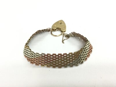A 9ct three coloured gold bracelet with a heart shaped padlock.
10.95g