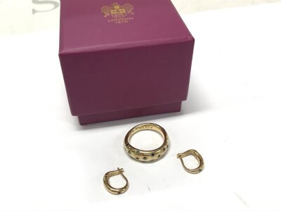 Liberty 9ct gold stone set ring (with one stone missing) and earrings , size N. 6.4g total weight
