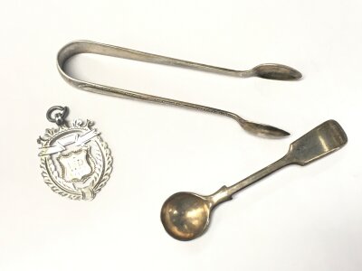 Silver oddments - a medal, sugar tongs , spoon. 33g total weight approximately- NO RESERVE