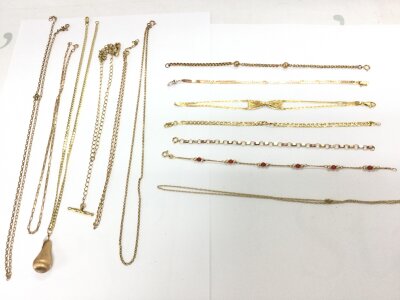 A collection of 9ct gold chains and bracelets.