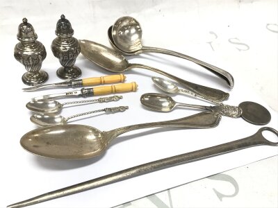 Silver Hallmarked items including spoons , S/P shakers , 1820 crown etc