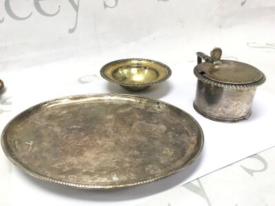 Three silver hallmarked Georgian items including a Mustard pot (6cm tall) , Serving tray marked London possibly 1785 (18cm wide) and a small bowl