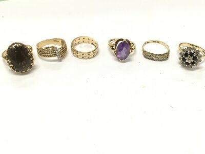 Six 9ct gold stone set dress rings, size O,M,P etc. 21.1g total weight