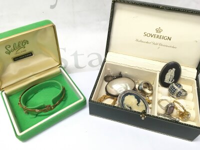 A small collection of jewellery costume and silver including rings, bracelets, Wedgwood brooches etc