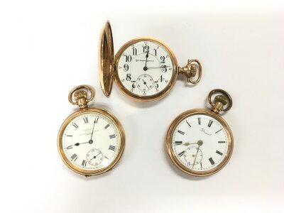 Three gold plated pocket watches comprising a full hunter and two open faced examples.