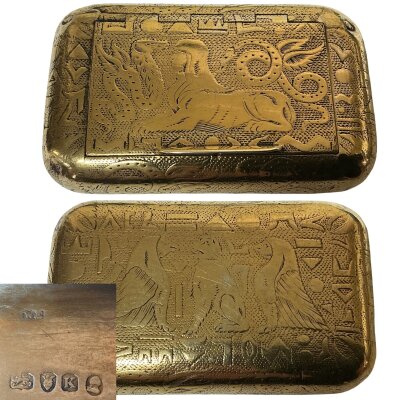 A Small Egyptian Revival hallmarked silver gilt snuff box, with hallmarks for London, 1805, 72g. 7cm x 4.5cm x 1.5cm
