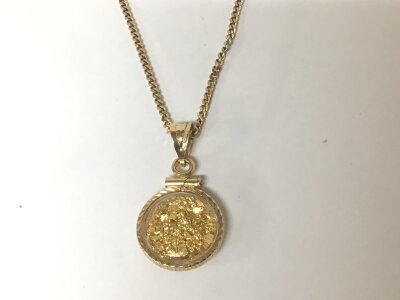 A 9cart gold necklace with a 14carat gold pendent containing fragments total weight 5g