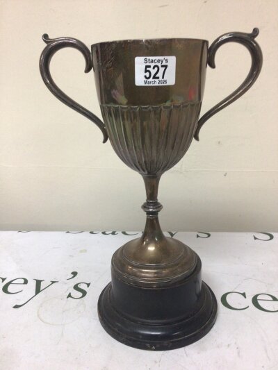 A Silver trophy cup Birmingham hallmarks the cup with scroll handles. With no inscriptions weight 610g  Hight with stand 33cm