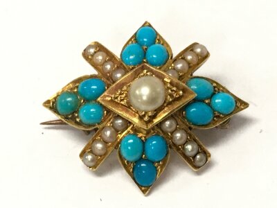 A unmarked gold brooch set turquoise and pearl,2.5cm wide approximately. 5.2g total weight