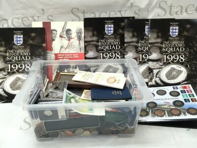 A box of mixed coins including silver , coin sets etc