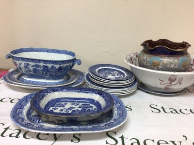 A collection of Victorian Willow pattern blue and white ceramics- NO RESERVE