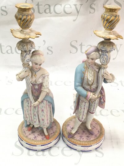 A pair of french 19th century bisque figures (42cm tall) and two Beswick figures (one damaged )