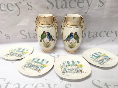 A pair of vases A Present from Southend pearlescent bird design and a set of four Midwinter Stylecraft plates- NO RESERVE