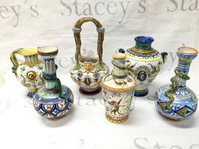 Six Italian Majolica earthenware jugs and vases , with hand-painted designs. 14 to 24cm tall