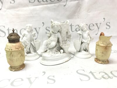 Two Worcester Blush ivory pieces and three white porcelain Putti figures