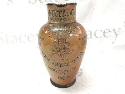 A Doulton Mortlock Lambeth pottery jug 1879, 38th birthday of the Prince of Wales commemorative. 25cm tall