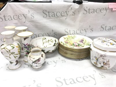 A Collection of Caverswall British garden theme plates , vases, bowl and a jar and cover by Edith Holden