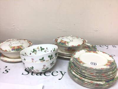 Two Wedgwood porcelain bowls Strawberry pattern. An Art Deco design Alfred Meakin Upminster pattern dinner service.