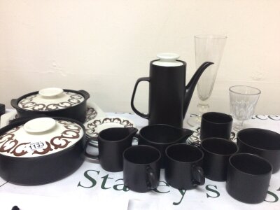 A mid 20th century design Meakin Maidstone design coffee service with two tureens and two 19th Century glasses.