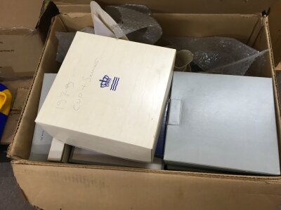 A box containing Copenhagen Christmas plates and other commemorative plates, Belleek