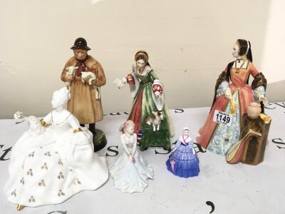 Two Royal Doulton Henry VIII wife’s Jane Seymour and Lady Jane Grey other Royal Doulton figures including Lambing Time no obvious damage or restoration. (6)