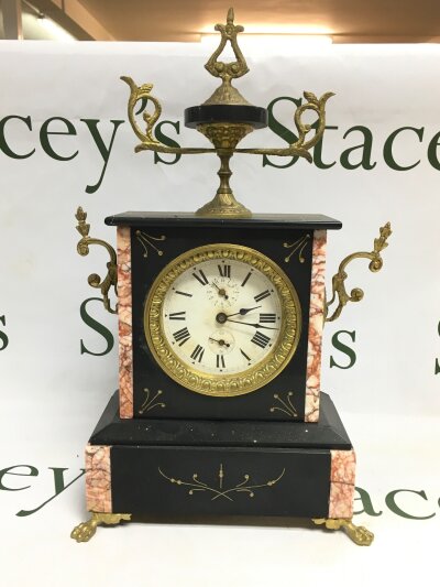 A. French black and pink marble mantle clock with guilt metal decoration.- NO RESERVE