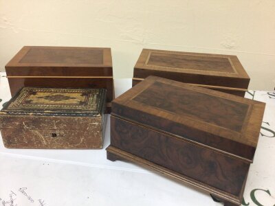Three mahogany and satinwood boxes and one other smaller trinket box.- NO RESERVE