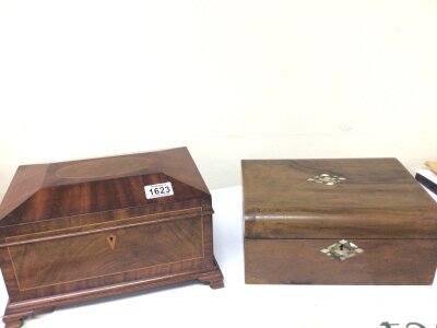 An inlaid Mahogany Casket with a shaped top the interior with a detachable oak fitted tray and a Walnut box (2)- NO RESERVE