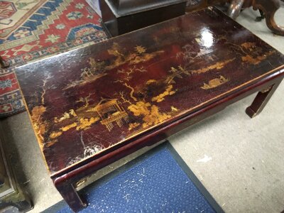A Chinoiserie lacquered coffee table  38cm tall , 100cm wide- NO RESERVE
