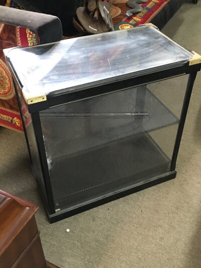 An ebony and glass display cabinet 55cm tall 55cm wide 30cm long- NO RESERVE