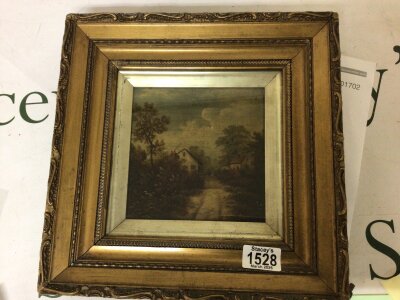 A small framed mid 19th century oil painting rural view with cottages unsigned and unattributed. 30x30cm