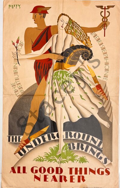 An Original London Underground Poster; The Underground brings all good things nearer, The Return of Persephone, by Dora M Batty, 1933, for the Underground Electric railway company b y Sander Philips & Co. Ltd The Baynard Press. No. 147 1000/2/33. Some condition issues, 4 fold creases, small split to base of poster, some light staining. 102cm x 63cm.
