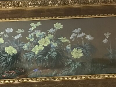 A framed Pastel still life study wild flowers and foliage signed with initials dated 82 by Edith Augusta James labels and inscription to the reverse. 92x45cm